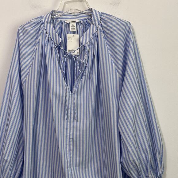 H&M Oversized Tie Detail Dress L Blue Stripe Cotton Long Sleeve Trendy Party NEW - Picture 3 of 10